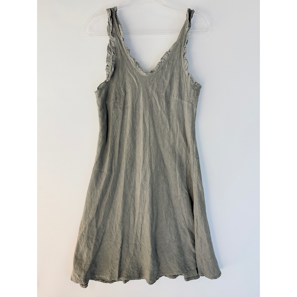 CP Shades Slip Dress Women M Sage Green Linen Ruffle Trim V-Neck Mini